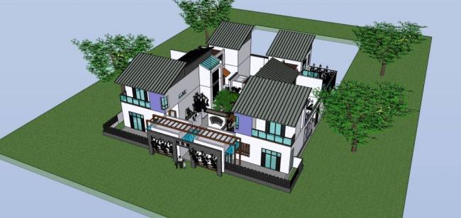 Sketchup住宅模型|多层四合院，居住建筑，新中式风格