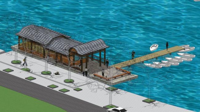 Sketchup景观模型|乡镇旅游区，游船码头，景观，亭子，单层，中式，茶馆