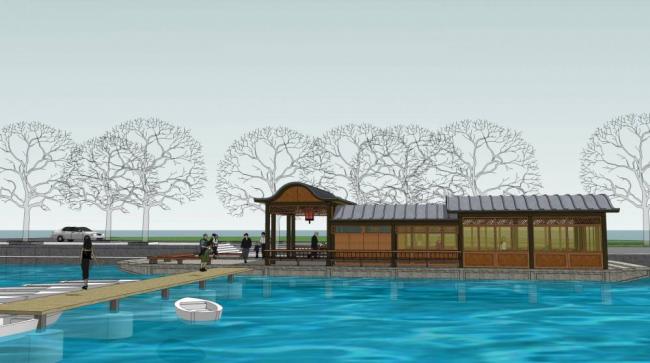 Sketchup景观模型|乡镇旅游区，游船码头，景观，亭子，单层，中式，茶馆