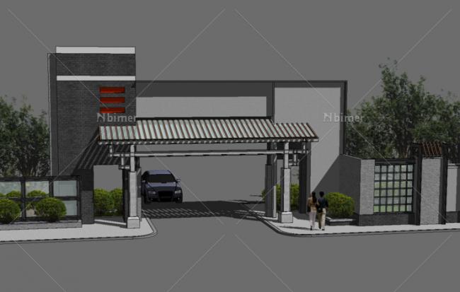 Sketchup素材模型|大门，住宅小区，中式风格