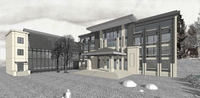 Sketchup办公模型|多层办公建筑，商业建筑，中式风格，景观设计，水景