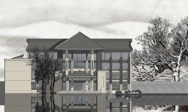 Sketchup办公模型|多层办公建筑，商业建筑，中式风格，景观设计，水景