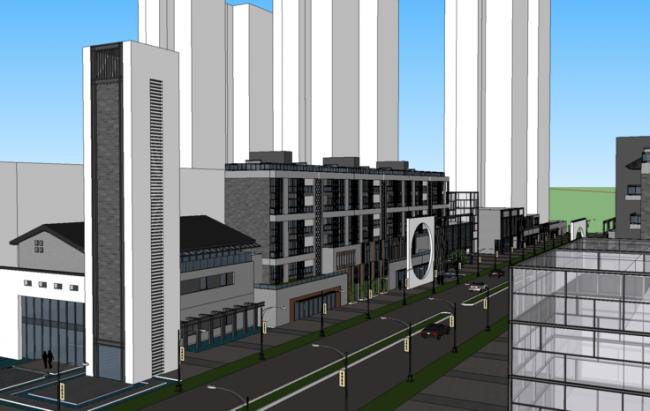 Sketchup住宅模型|高层住宅，居住建筑，徽派建筑，新中式风格，商业街，滨水景观