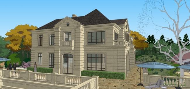 Sketchup商业模型|多层售楼处，商业建筑，法式风格，山地，景观设计