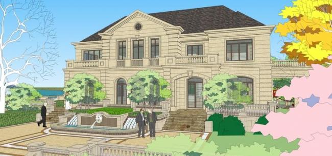 Sketchup商业模型|多层售楼处，商业建筑，法式风格，山地，景观设计