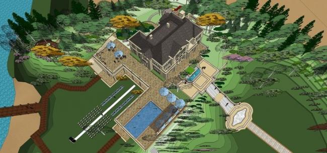 Sketchup商业模型|多层售楼处，商业建筑，法式风格，山地，景观设计