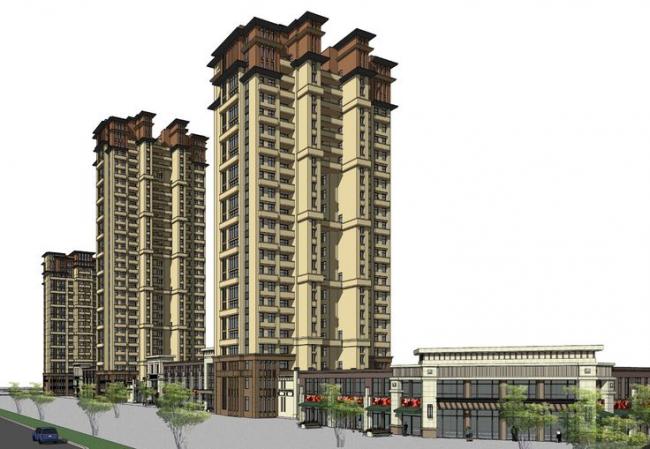 Sketchup住宅模型|高层住宅，商业街，底层商业，居住建筑，现代风格