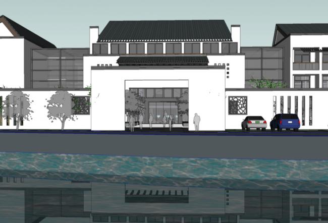 Sketchup商业模型|售楼处，多层会所，徽派建筑，新中式风格，商业建筑，滨水景观