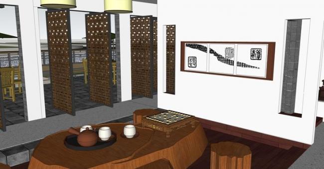 Sketchup商业模型|餐厅，商业建筑，中式徽派风格，院落，庭院景观
