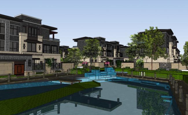 Sketchup住宅模型|多层住宅小区，中式风格，水景，庭院中心景观，别墅，居住建筑