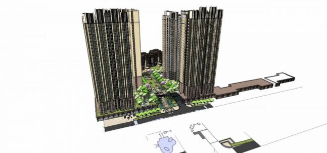 Sketchup住宅模型|高层住宅楼，小区，新古典风格，入口景观，商业裙房，居住建筑
