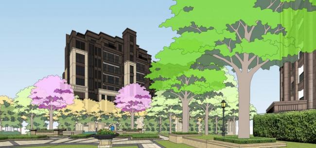 Sketchup住宅模型|高层住宅楼，小区，新古典风格，入口景观，商业裙房，居住建筑