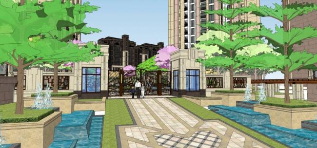 Sketchup住宅模型|高层住宅楼，小区，新古典风格，入口景观，商业裙房，居住建筑