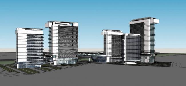 Sketchup办公模型|高层酒店办公，商业裙房，现代风格