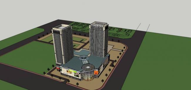 Sketchup综合体模型|高层商业综合体，酒店办公，商场，商业裙房，现代风格