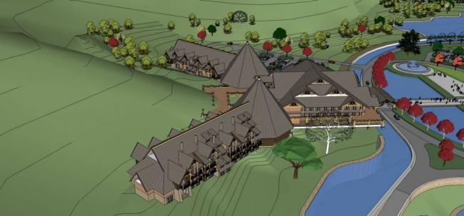 Sketchup酒店模型|内蒙古银江沟温泉度假村，多层酒店，独栋别墅，中式风格