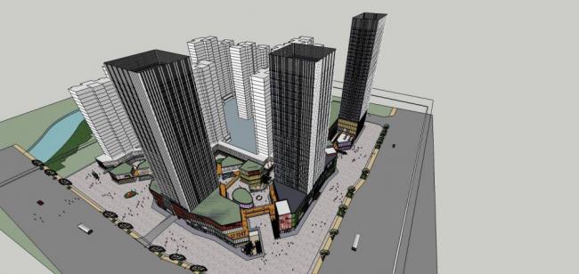Sketchup综合体模型|超高层商业综合体，办公酒店，商业裙房，现代风格