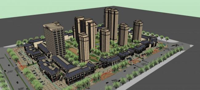 Sketchup住宅模型|高层住宅，小区，居住建筑，多层商场，商业裙房，法式，古典风格，底层商业