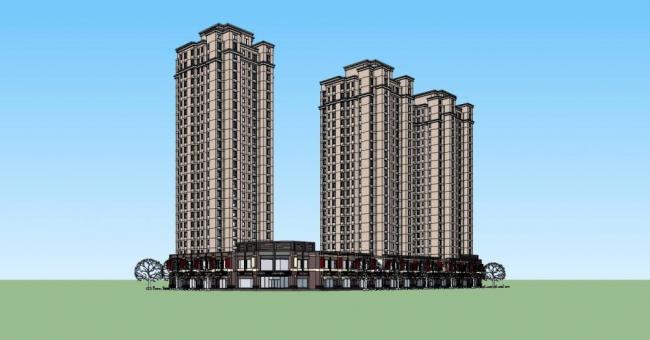 Sketchup住宅模型|高层住宅，小区，商业裙房，底层商业，居住建筑，古典风格
