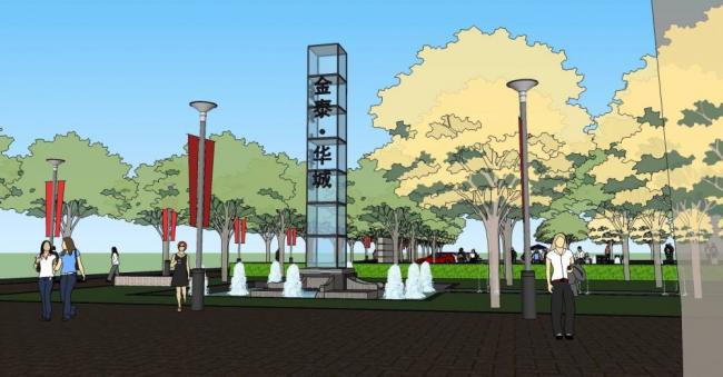 Sketchup景观模型|广场景观，入口，城市小品，单层，现代风格，保安室，停车场，路灯