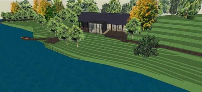 Sketchup景观模型|湖边公园景观，城市小品，水坝，单层，中式