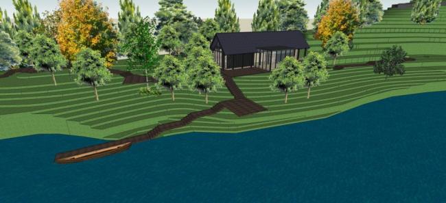 Sketchup景观模型|湖边公园景观，城市小品，水坝，单层，中式