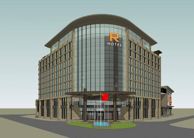 Sketchup酒店模型|L型酒店，商业裙房， 沿街商业，现代风格