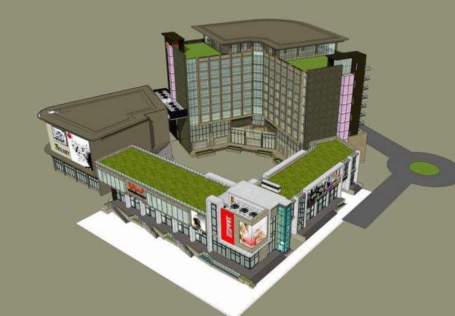 Sketchup酒店模型|L型酒店，商业裙房， 沿街商业，现代风格