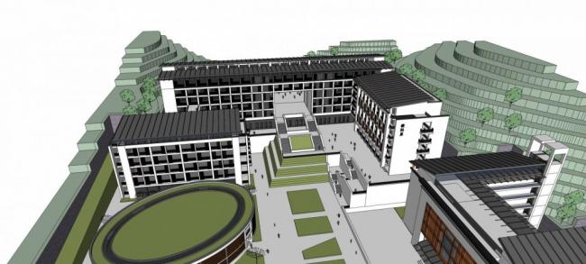 Sketchup学校模型|多层学校，南方某高校，教学楼，新中式地方，教育建筑