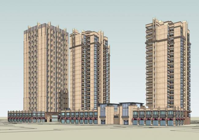 Sketchup住宅模型|高层住宅，沿街商业，商业裙房，居住建筑，现代风格