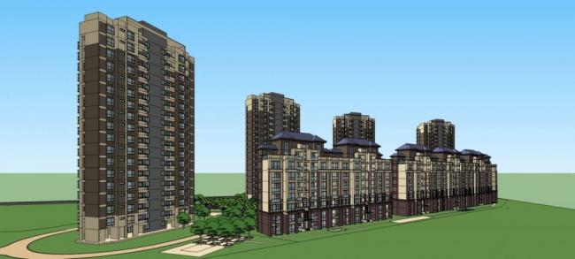 Sketchup住宅模型|高层住宅小区，入口景观，亭子，居住建筑，现代风格