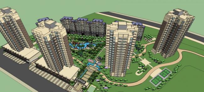 Sketchup住宅模型|高层住宅小区，入口景观，亭子，居住建筑，现代风格