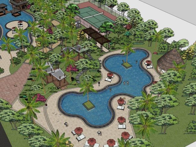 Sketchup酒店模型|多层度假酒店，中式风格