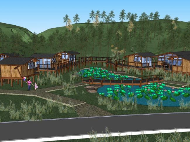 Sketchup景观模型|吊脚楼，中式风格，庭院花园