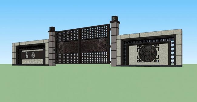 Sketchup素材模型|大门，入口，中式风格，构件，景观，围墙