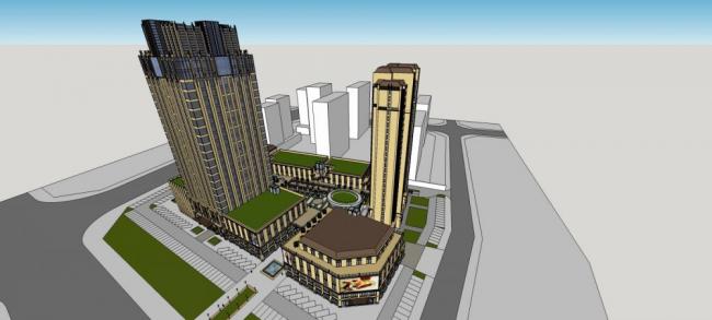 Sketchup综合体模型|商业综合体，高层酒店办公，公寓，银行，多层商业裙房，居住建筑，新古典风格
