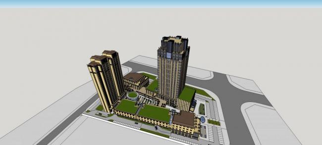 Sketchup综合体模型|商业综合体，高层酒店办公，公寓，银行，多层商业裙房，居住建筑，新古典风格