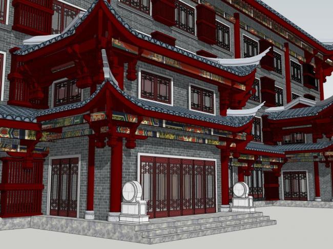 Sketchup商业模型|多层商业建筑，中式风格，古建