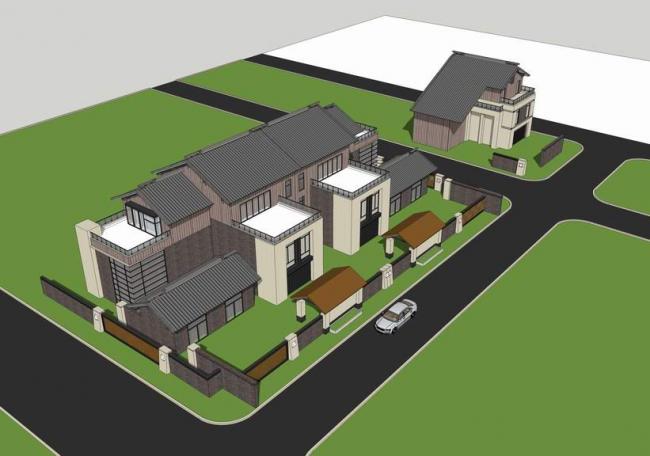 Sketchup住宅模型|联排别墅，双拼别墅，新中式风格