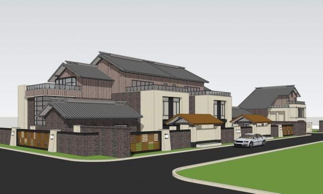 Sketchup住宅模型|联排别墅，双拼别墅，新中式风格