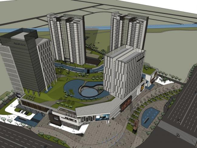 Sketchup综合体模型|超高层商业综合体，办公，商业裙房，现代风格