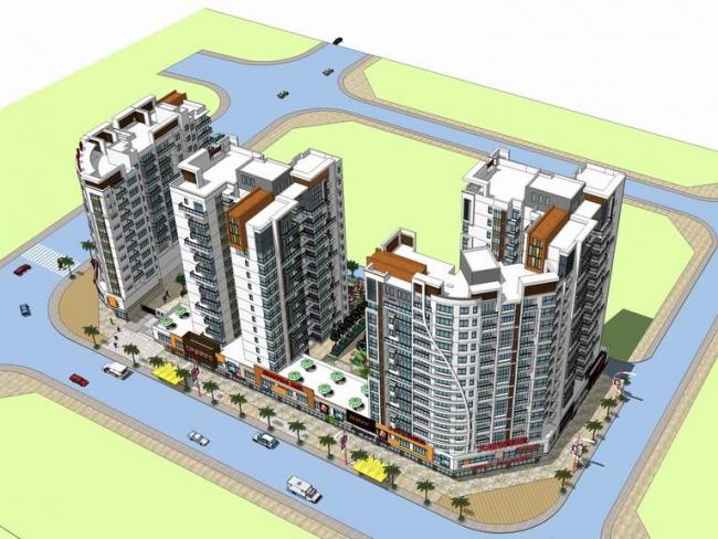 Sketchup住宅模型|高层住宅小区，现代风格，居住建筑，沿街商业，裙房