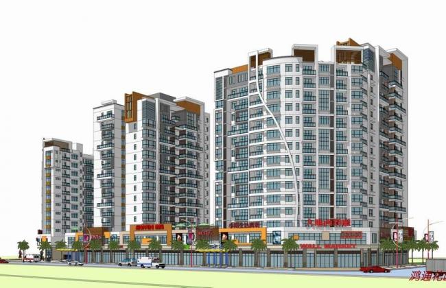 Sketchup住宅模型|高层住宅小区，现代风格，居住建筑，沿街商业，裙房