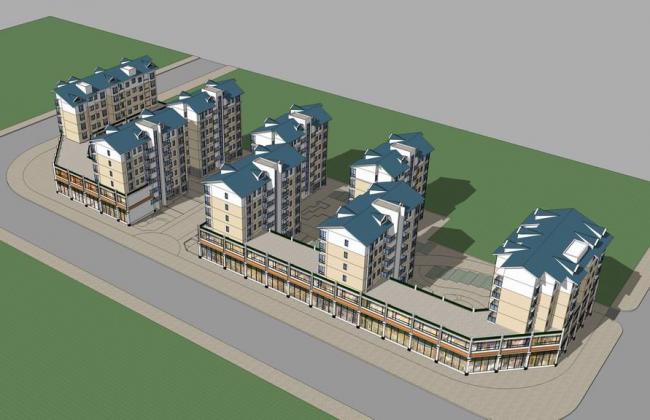 Sketchup住宅模型|多层住宅，新中式风格，商业裙房，居住建筑