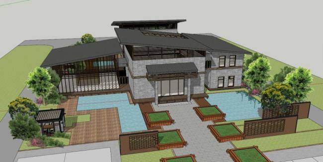 Sketchup商业模型|多层会所，商业建筑，新中式风格