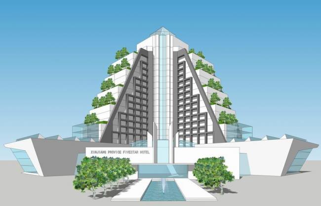 Sketchup酒店模型|高层梯形酒店，现代风格