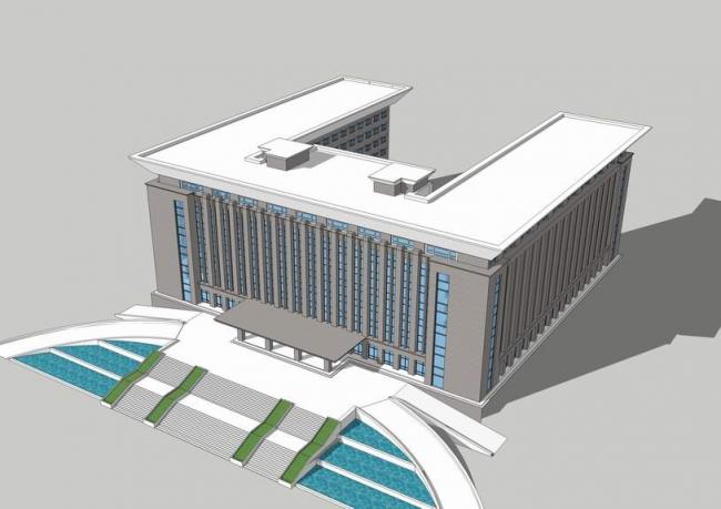 Sketchup办公模型|多层政府办公楼，现代风格，U型平面
