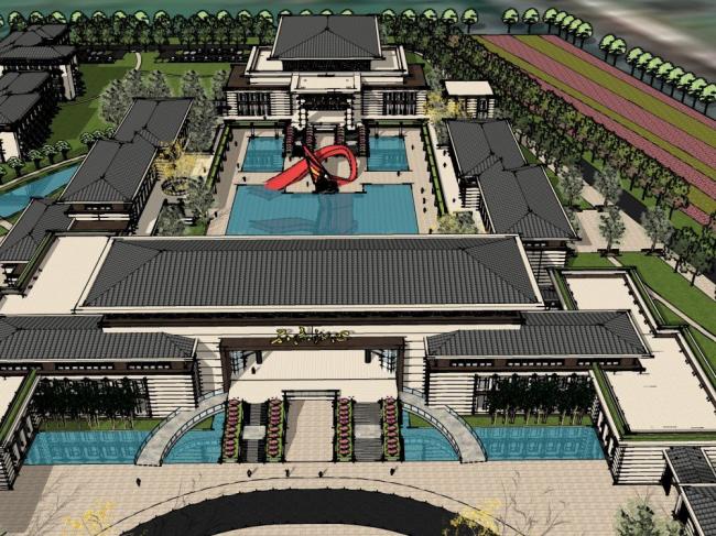 Sketchup医院模型|多层疗养中心，新中式风格，医疗建筑