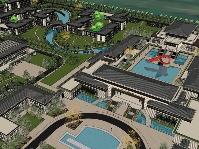 Sketchup医院模型|多层疗养中心，新中式风格，医疗建筑