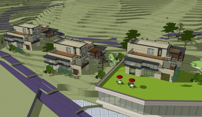 Sketchup酒店模型|多层山地酒店，现代风格，别墅